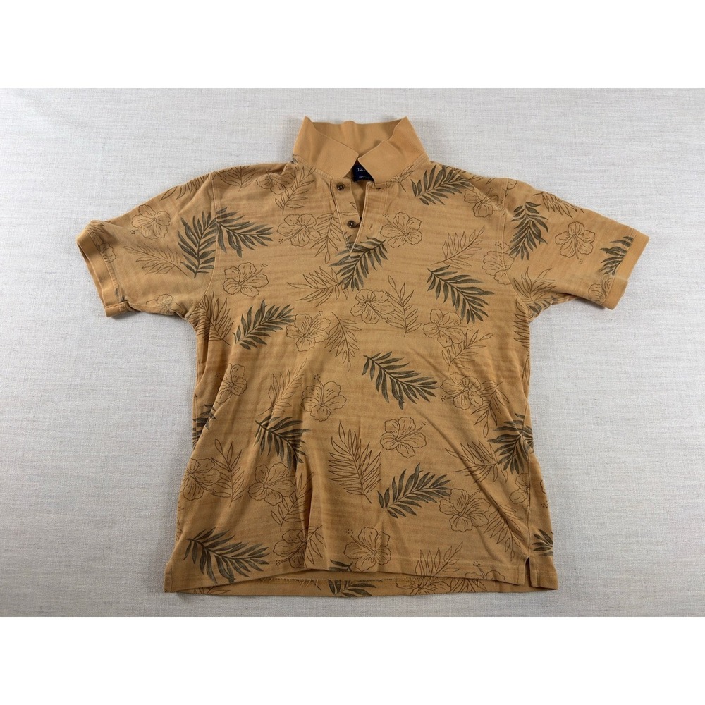 Izod Mens Tropical Hibiscus Palm Print Polo Shirt Tan‎ Brown Short Sleeve 0641